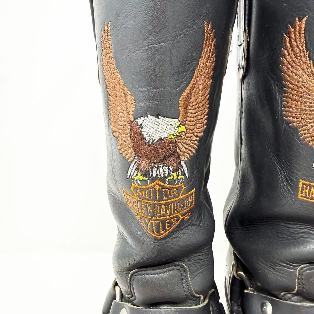 Harley-Davidson Black Leather Harness Moto Boots 12 Pull On Eagle/Crest Design